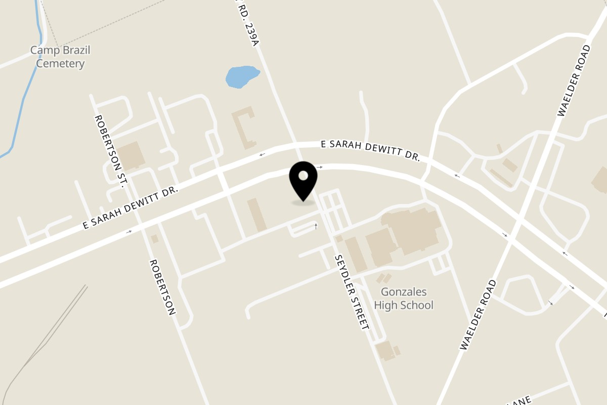 Map showing the location of Rusty Rooster Gonzales on 1826 E Sarah DeWitt Dr in Gonzales